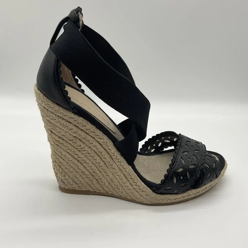 Black Wedge Espadrille Sandals Laser‑Cut Faux Leather Club Monaco Size 7.5‎ US
